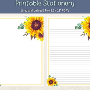 Sunflowers Printable Stationery: Lined & Unlined Paper, Envelope (PDF)