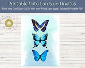 Butterfly Notecards, Editable Butterfly Watercolor Stationery,  Printable Notecard Blank Inside