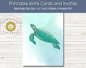 Turtle Card, watercolor sea turtle blank printable note Card