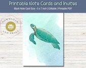 Turtle Card watercolor sea turtle blank printable note Card