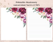 Peony Letter Paper, Printable Floral Stationery, Lined and Unlined Paper