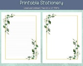 Elegant Floral Printable Writing Paper, Green and Gold Frame use for Casual Invites Journal Pages US Letter size