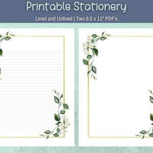 Elegant Floral Printable Writing Paper, Green and Gold Frame use for Casual Invites Journal Pages US Letter size