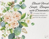 Blush Roses, Wedding Clipart, Single Bouquet with Diamond Accents, Flower Graphics for Invitations and Cards
