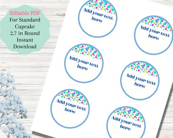 Blue Rainbow Confetti Cupcake Toppers: Editable PDF Template