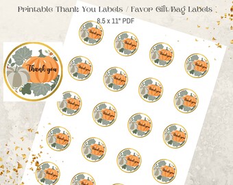 Pumpkin Stickers, Thanksgiving Round Thank You Tags, Printable Tags or Labels