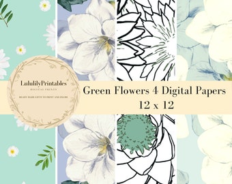 Green Floral Digital Collage Papers Decorative Floral Prints Printable Sheets Paper Ephemera
