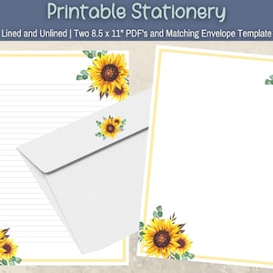 Sunflower Printable Stationery: Lined & Unlined Writing Paper, Sunflower Cover Sheet, Watercolor Floral Notepaper