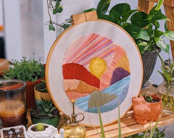 14" Hoop Handmade Embroidery Sunset