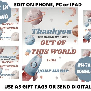 EDITABLE, Space Birthday Tags, Thank You, Out Of This World, Outer Space Birthday Party, Solar System, Printable Digital, Space Theme Party