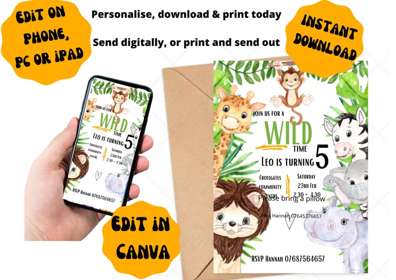 Jungle Party Invitation Animals Birthday Invitation Wild Time Party Invite Safari Party Invite Zoo Invite EDITABLE INSTANT