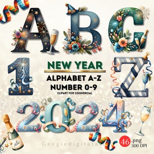 Clipart de celebração de ano novo: alfabeto festivo e números, letra PNG de ano novo, alfabeto festivo de véspera de ano novo e números clipart