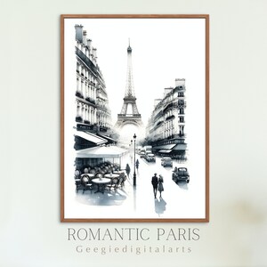Romantic Paris - Parisian Streetscape Art Print - Eiffel Tower - Digital Download Art - Wall Art Printable - Home Decor - France wall decor
