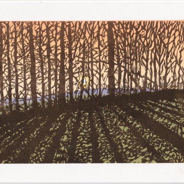 Hop Two, sunlight through trees, hand made reduction lino print