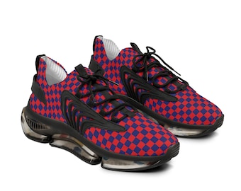 Zapatillas deportivas de hombre a cuadros rojos y azules / Zapatillas de running de malla a cuadros con suela gruesa