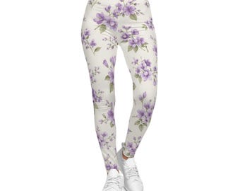 Leggings viola con motivo floreale / Leggings con fiori di lavanda Leggings viola