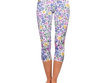 Purple Leggings Purple Floral Print Capri Leggings 