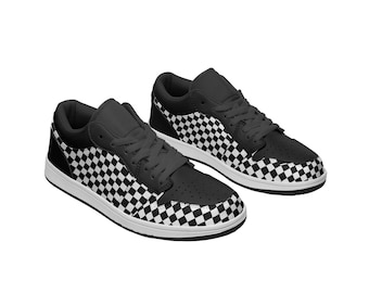 Black Sneakers Unisex Low Top Leather Black checkered Sneakers