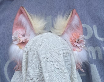 Flower pink fox ears，Cute Luxury Realistic wolf Ears Headband,Halloween Animal Ears Cosplay,Cosplay Costume Ear，Party ear,Girl birthday gift