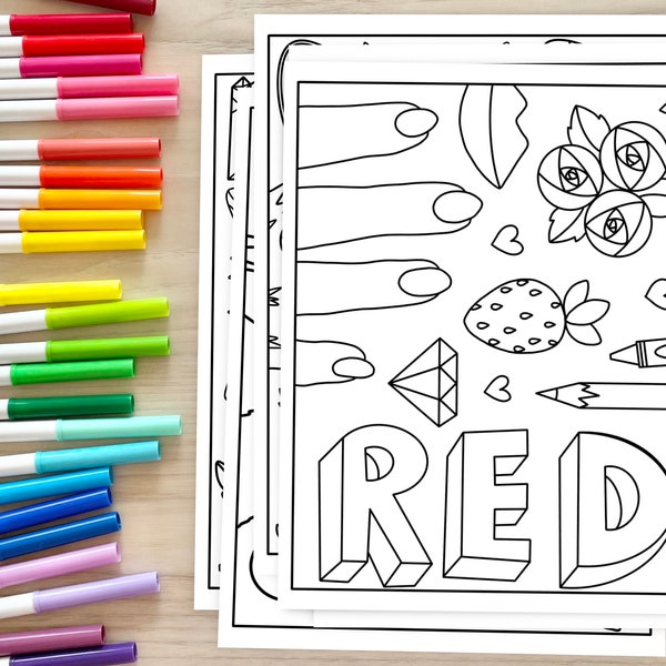 BUNDLE Colors coloring pages bundle, red orange yellow green blue purple