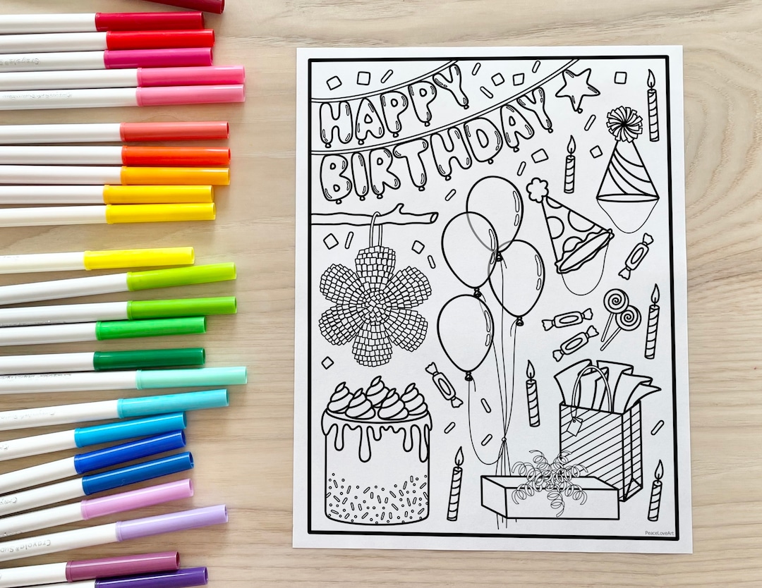 Happy Birthday Coloring Page - Etsy