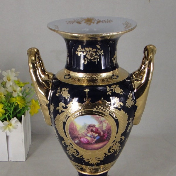 12" H Porcelain Decorative Vase Classic Style Blue and Golden Rim, Romeo and Juliet Design Table Top Decorative Vase