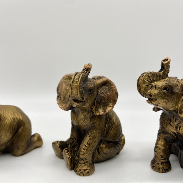 Small Elephant Figurines, Set of 4 Bronze Elephant Statue, Set of 4 Grey Resin Elephant Statues