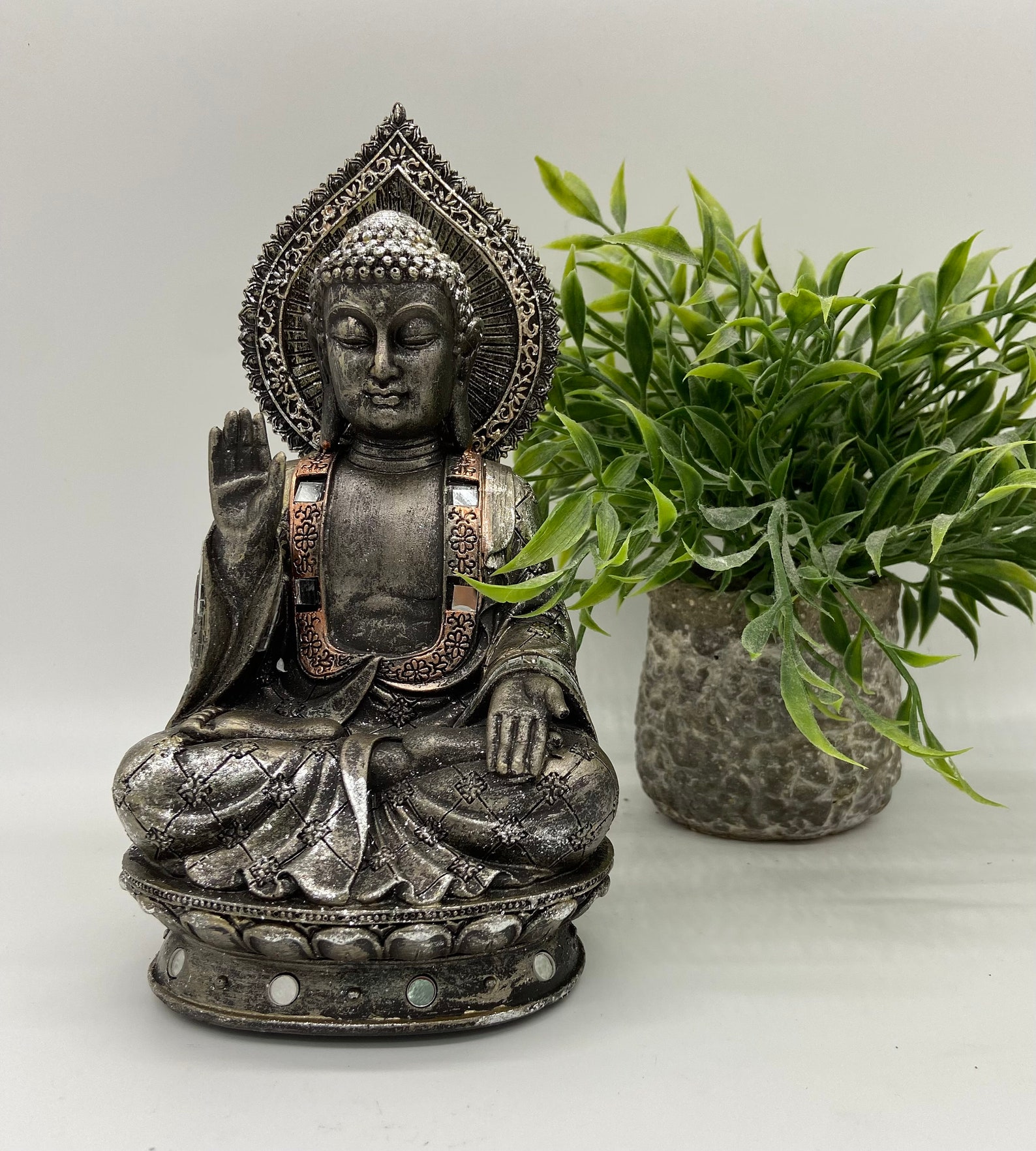 Metallic Gray Buddha Sitting on Pedestal Decorative Gift Etsy