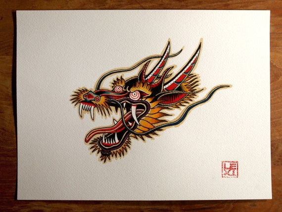 American Traditional Dragon Head Tattoo