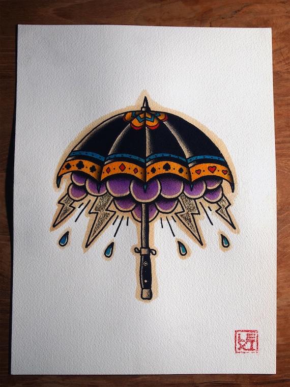 Umbrella Traditional Tattoo Flash pintado a mano y dorado a - Etsy España