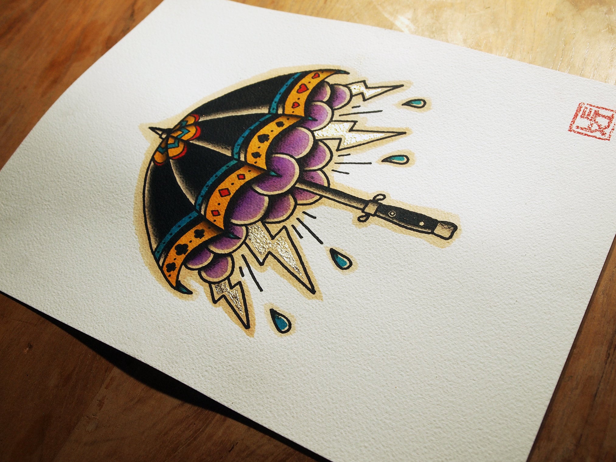Umbrella Traditional Tattoo Flash - Hand Painted and Gilded to Order - Etsy