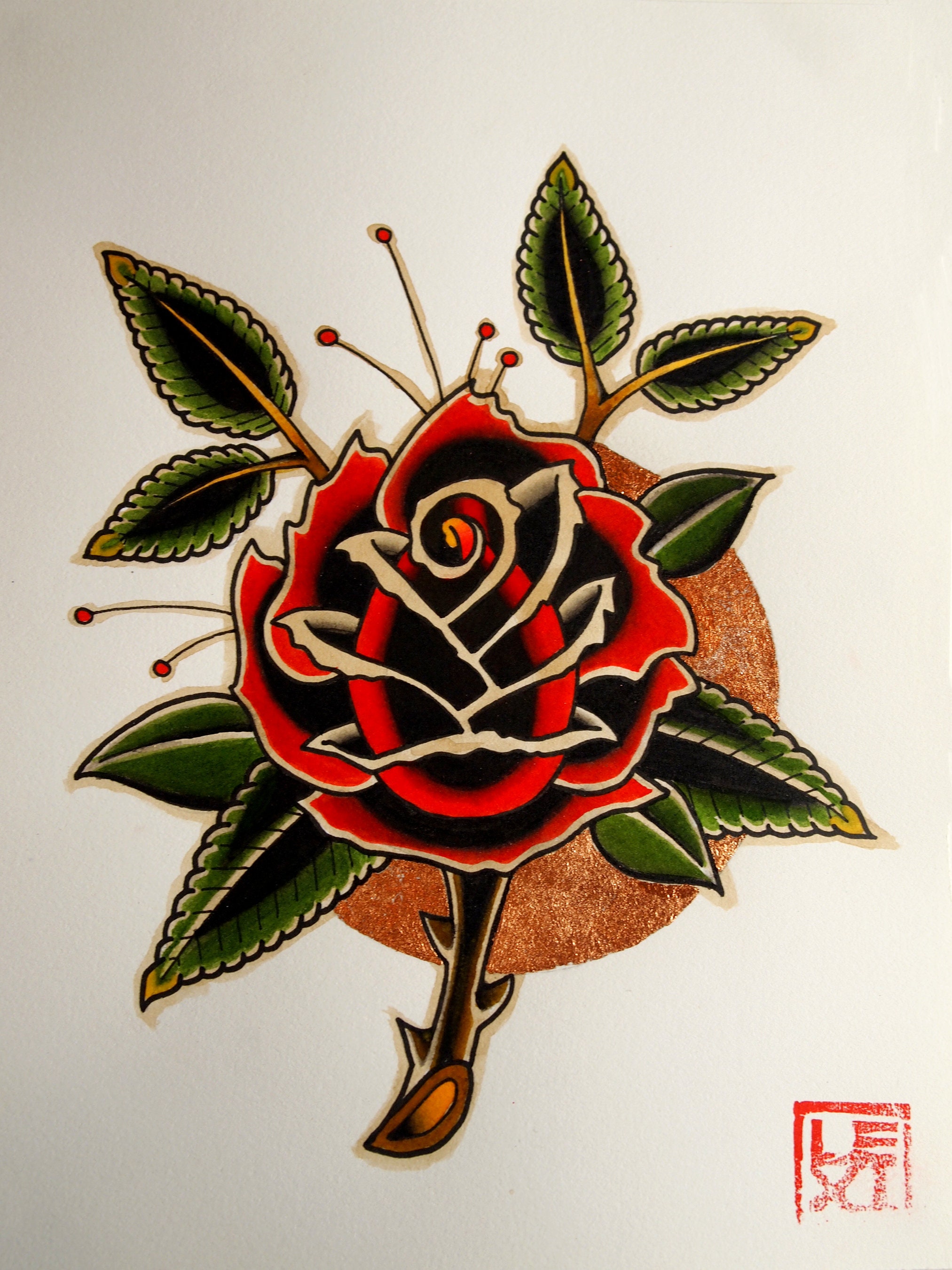 Rose Traditional Tattoo Flash - Hand Painted and Gilded to Order - Etsy