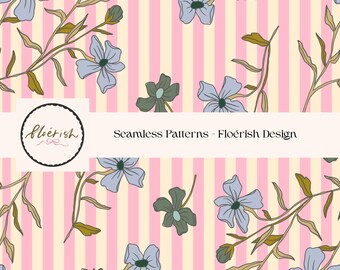 French Vintage Floral Seamless Pattern | Blue Flowers, Striped Wallpaper (Digital Download)
