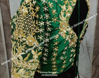 Hand bestickte Saree-Bluse: Zardosi Maggam Work, Bluse in Übergröße, Handarbeitsbluse, grüne Maggambluse, Mix und Match Bluse