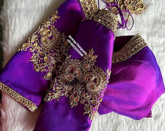 Handgestickte Bluse aus Seide: Zardosi Maggam Work, Bluse in Übergröße, Bluse handbestickt, lila Maggam Bluse, Saree Bluse