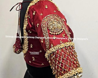 Hand bestickte Saree-Bluse: Zardosi Maggam Work, Blusen in Übergröße, Handarbeitsbluse, Maroon Maggam Bluse, Mix und Match Bluse
