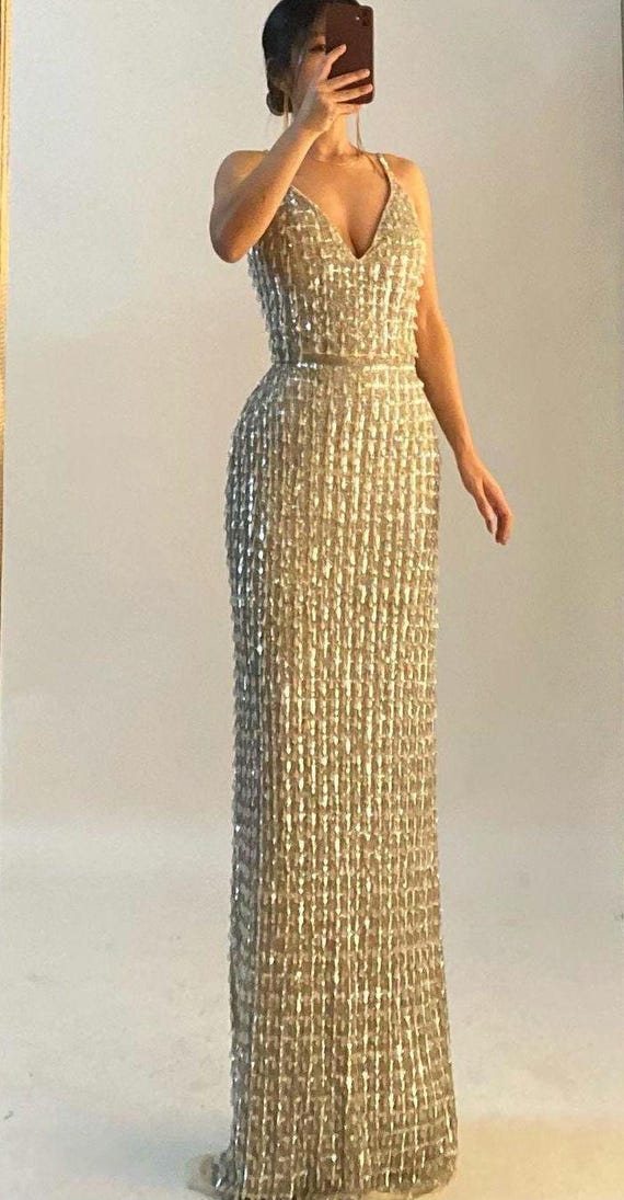 Embellished Hand-Beaded Islamic Evening Gown, Dubai Style