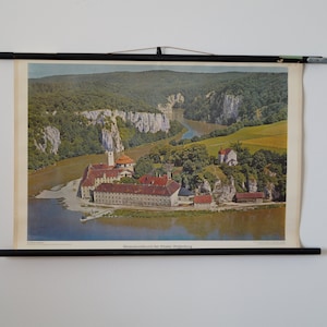 Vintage Schulkarte alte Wandkarte Donaudurchbruch bei Kloster Weltenburg Lehrtafel Schulwandbild Rollkarte 60er Schule Geografie Westermann
