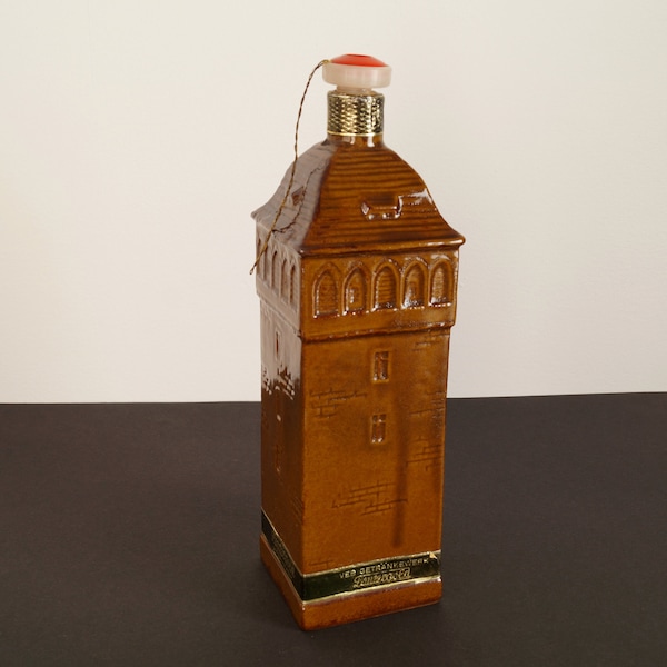 Vintage Motivflasche Spirituose "Roter Turm" aus Keramik in Form eines quadratischen Turms VEB Getränkewerk Lautergold DDR | Vintage Füchse