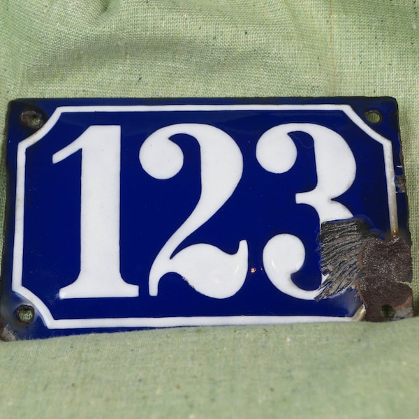 Emaille Schild Hausnummer 123 Hausnummernschild alte Straßennummer blau weiß Zahlenschild emailliert Türschilder Hausschilder Vintage Füchse