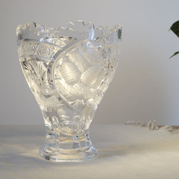 Kristallglas Vase vintage, handgeschliffene Blumenvase, transparente Glasvase hochwertige Tischvase Obstschale aus Glas kelchförmig H 17 cm