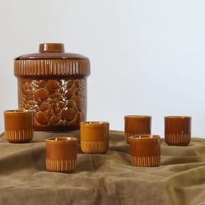 Könnte beinhalten: Ein Set aus sechs braunen Keramikbechern und einem passenden braunen Keramik-Krug mit Blumenmuster. Der Krug hat einen Deckel und die Becher sind alle gleich groß.