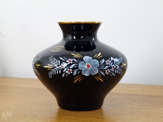 Flower Vase Black Glass Table Vase Black Hyalith Glass Black Glass Vase Glass Vase Flower Decoration Hand Painted White Red Gold 60s Vintagefuechse