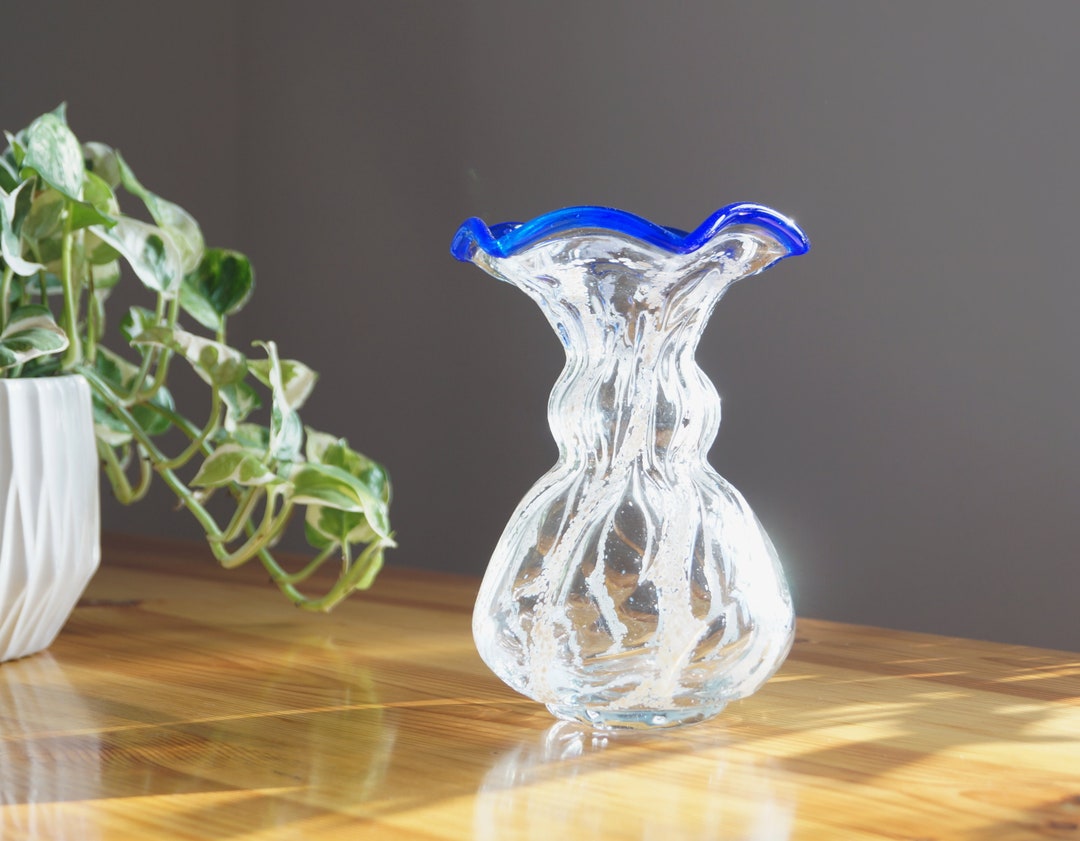 Glass Vase Vintage Flower Vase Transparent and Cobalt Blue Pinched Edge