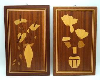 Holzbilder Intarsienarbeit 2er Set "Blumen in Vase" vintage Wanddeko Mid Century Holz Wandbilder DDR ca. 60er Holzmosaik Vintagefuechse