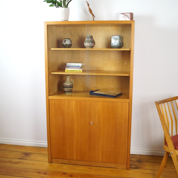 Mid century showcase design furniture 50s bookcase highboard shelf brown with glass sliding doors wall cabinet sideboard vintage foxes