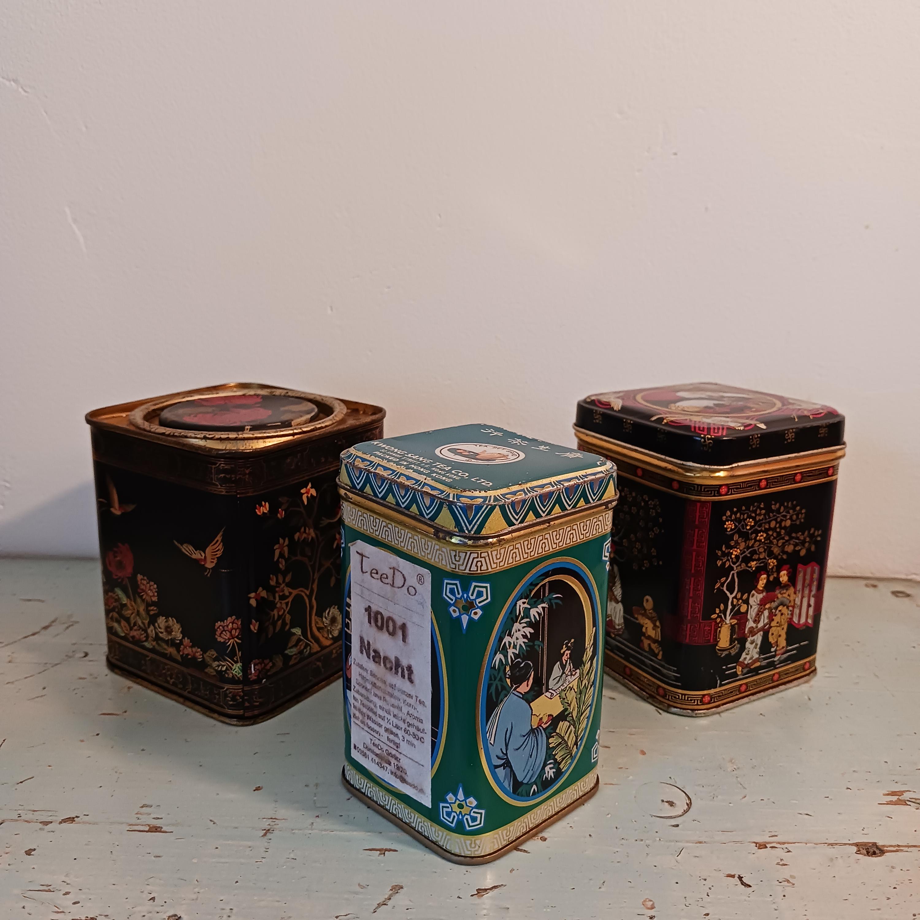 Tea tins 3 tins bundle small vintage tea tins with slip lid for loose tea square metal tins with lid Asian motifs