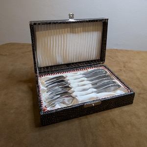Könnte beinhalten: Ein Set aus Edelstahlgabeln in einer Vintage-Box aus schwarzem Kunstleder. Die Box ist mit weißem Satin und rot-weißem Besatz ausgekleidet. Die Gabeln sind ordentlich in der Box angeordnet.