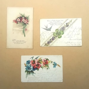 Antike Grußkarten Konvolut drei Briefkarten mit Poesiespruch und Blumenmotiv 3 vintage Postkarten gestempelt gelaufen 1902-1910 Jugendstil