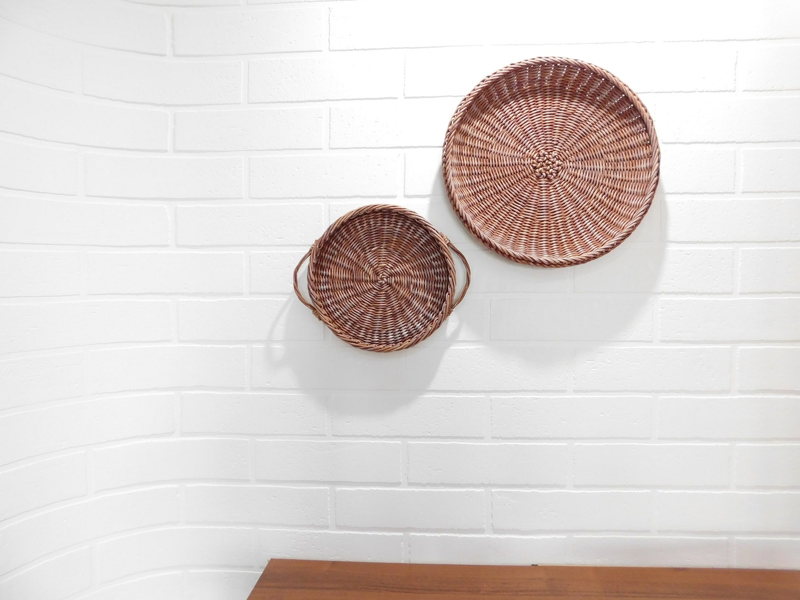 Wall hanging wicker basket set of 2 Brown round rustic wicker Etsy